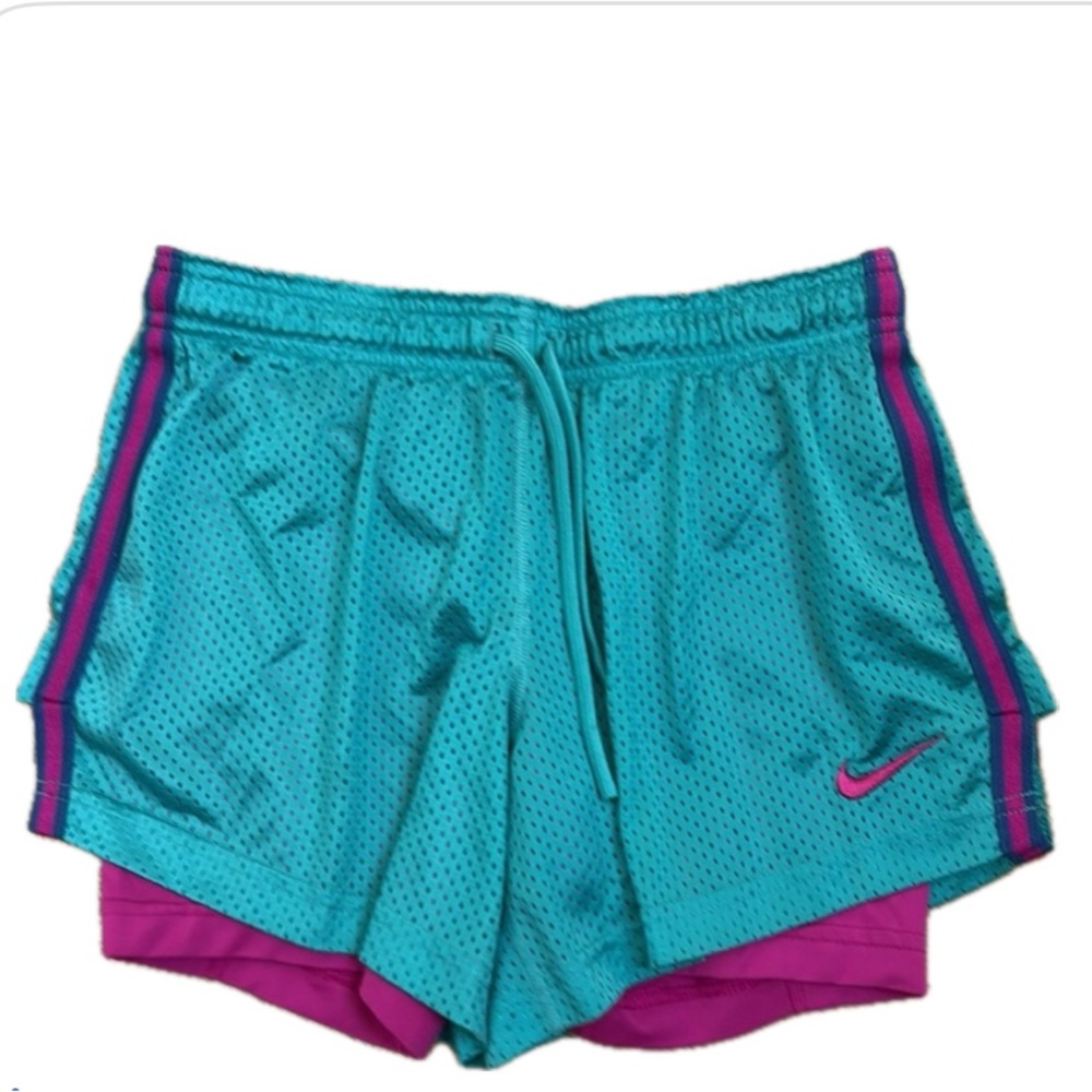 Nike Women’s Dri-Fit 2-1 Blue and Pink Athletic Workout Running Shorts